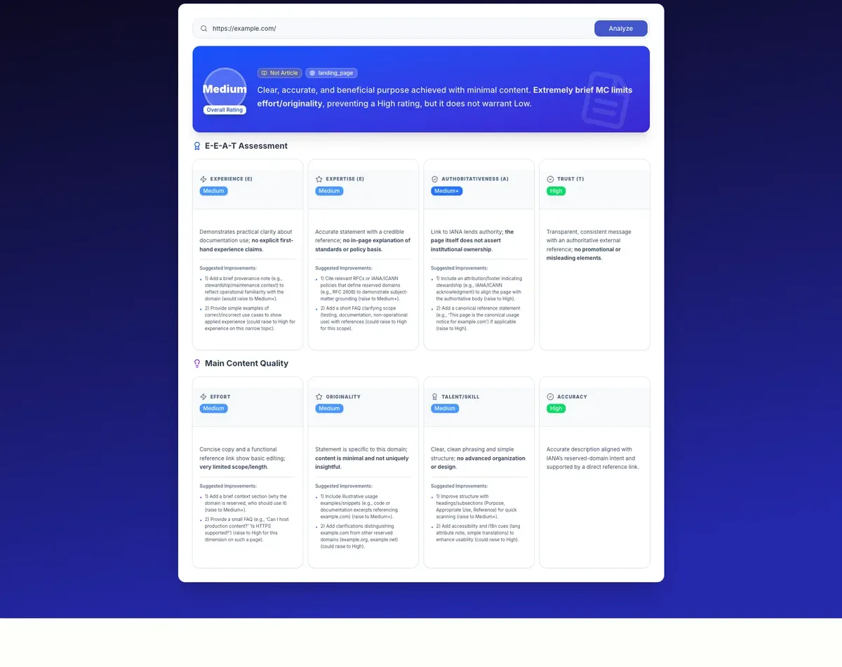 EEAT content audit example — running the content audit tool on a minimal landing page returns per-dimension ratings (Trust High, Authoritativeness Medium+) with specific suggested improvements for SEO