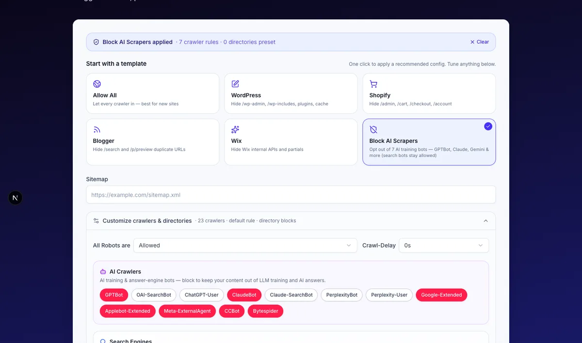 Block AI Scrapers preset applied — the AI Crawlers panel disallows seven training bots (OpenAI, Anthropic, Gemini, Apple Intelligence, Meta Llama, Common Crawl, ByteDance) while leaving the five search-time bots allowed so the site can still be cited in ChatGPT, Claude and Perplexity answers