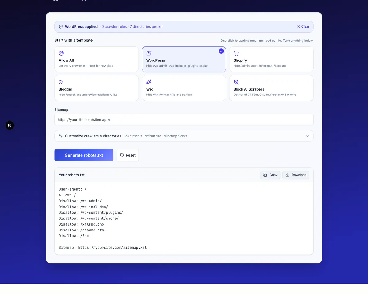 Free Robots.txt Generator with WordPress preset applied — disallowing /wp-admin /wp-includes /wp-content/plugins /wp-content/cache /xmlrpc.php /readme.html and /?s= site search, plus Sitemap line